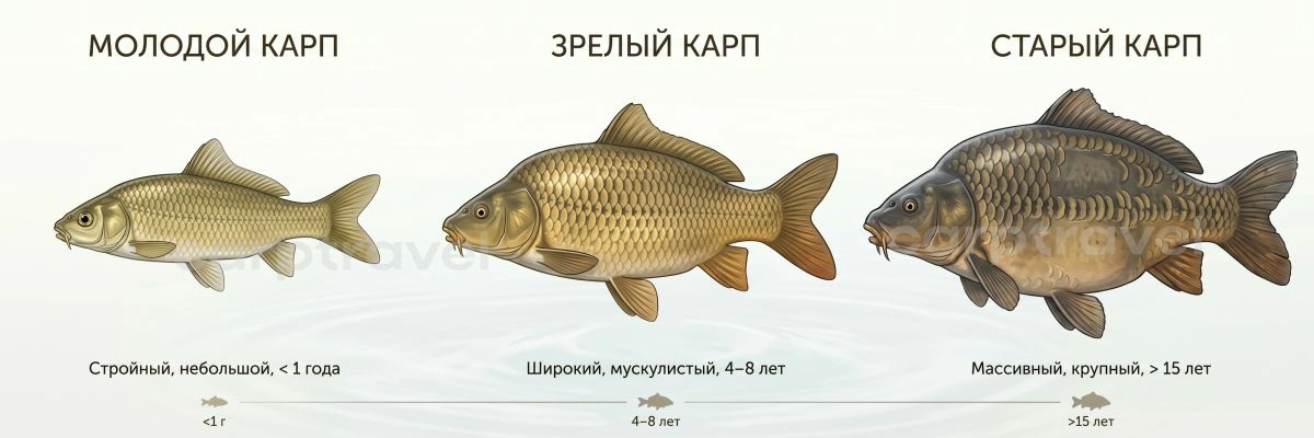 С возрастом карп меняет не только размер, но и форму тела и оттенок чешуи С возрастом карп меняет не только размер, но и форму тела и оттенок чешуи
