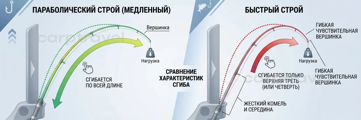 Для далеких дистанций выбирайте быстрый строй. Удилище не должно складываться в кольцо, оно должно работать как катапульта